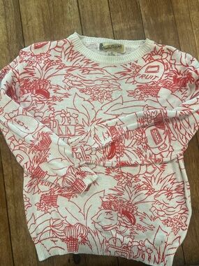 Diane Von Furstenberg Cream Knit Sweater with Red Fruit/tropical Sketches